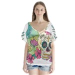 Tequila Sugar Skull V-Neck Flutter Sleeve Top