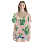 Pink Cactus flower V-Neck Flutter Sleeve Top