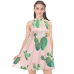 Pink Cactus flower Halter Neckline Chiffon Dress 