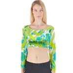 Green Blue Flower Art Long Sleeve Crop Top