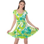 Green Blue Flower Art Cap Sleeve Dress