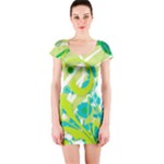 Green Blue Flower Art Short Sleeve Bodycon Dress