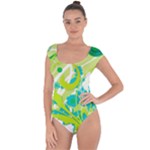 Green Blue Flower Art Short Sleeve Leotard 