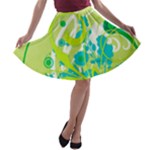 Green Blue Flower Art A-line Skater Skirt