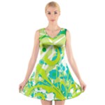 Green Blue Flower Art V-Neck Sleeveless Dress