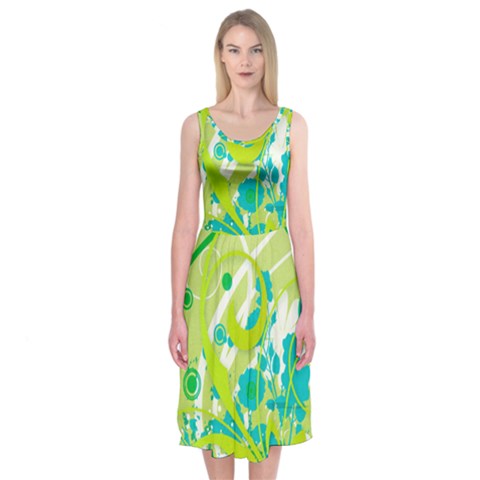 Green Blue Flower Art Midi Sleeveless Dress from ArtsNow.com