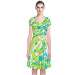 Green Blue Flower Art Short Sleeve Front Wrap Dress