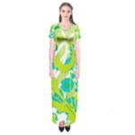 Green Blue Flower Art Short Sleeve Maxi Dress