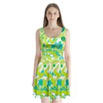 Green Blue Flower Art Split Back Mini Dress 