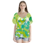 Green Blue Flower Art V-Neck Flutter Sleeve Top