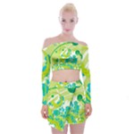 Green Blue Flower Art Off Shoulder Top with Mini Skirt Set