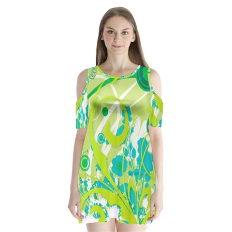 Green Blue Flower Art Shoulder Cutout Velvet One Piece from ArtsNow.com