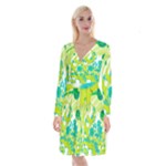 Green Blue Flower Art Long Sleeve Velvet Front Wrap Dress