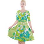 Green Blue Flower Art Quarter Sleeve A-Line Dress