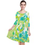 Green Blue Flower Art Quarter Sleeve Waist Band Dress