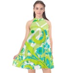 Green Blue Flower Art Halter Neckline Chiffon Dress 