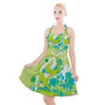 Green Blue Flower Art Halter Party Swing Dress 