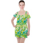 Green Blue Flower Art Ruffle Cut Out Chiffon Playsuit