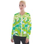 Green Blue Flower Art Velour Zip Up Jacket