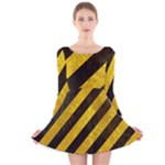 Black And Yellow Caution Long Sleeve Velvet Skater Dress