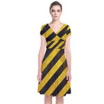 Black And Yellow Caution Short Sleeve Front Wrap Dress