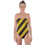 Black And Yellow Caution Tie Back One Piece Swimsuit