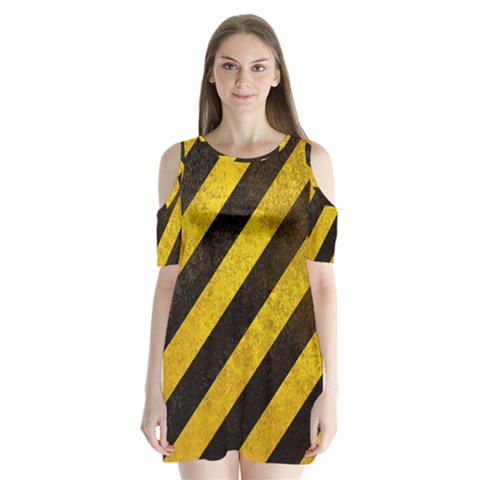 Black And Yellow Caution Shoulder Cutout Velvet One Piece from ArtsNow.com