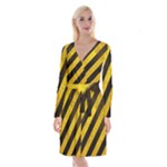 Black And Yellow Caution Long Sleeve Velvet Front Wrap Dress