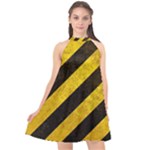 Black And Yellow Caution Halter Neckline Chiffon Dress 