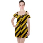 Black And Yellow Caution Ruffle Cut Out Chiffon Playsuit