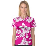 Pink Hawaiian Flowers V-Neck Sport Mesh Tee