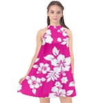 Pink Hawaiian Flowers Halter Neckline Chiffon Dress 