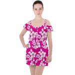 Pink Hawaiian Flowers Ruffle Cut Out Chiffon Playsuit