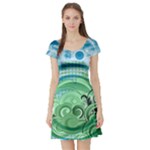 Blue Green Circle Design Short Sleeve Skater Dress