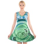 Blue Green Circle Design V-Neck Sleeveless Dress