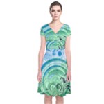 Blue Green Circle Design Short Sleeve Front Wrap Dress