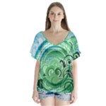 Blue Green Circle Design V-Neck Flutter Sleeve Top