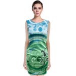 Blue Green Circle Design Sleeveless Velvet Midi Dress