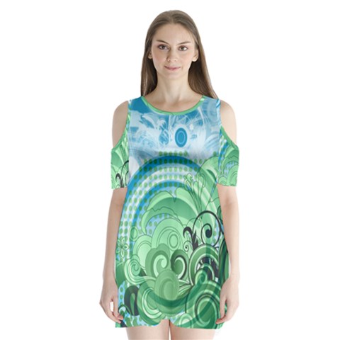 Blue Green Circle Design Shoulder Cutout Velvet One Piece from ArtsNow.com