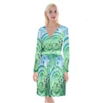 Blue Green Circle Design Long Sleeve Velvet Front Wrap Dress