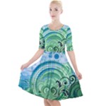 Blue Green Circle Design Quarter Sleeve A-Line Dress