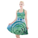 Blue Green Circle Design Halter Party Swing Dress 