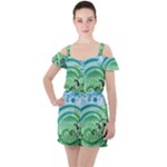 Blue Green Circle Design Ruffle Cut Out Chiffon Playsuit