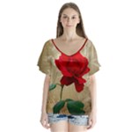 Red Rose Art V-Neck Flutter Sleeve Top