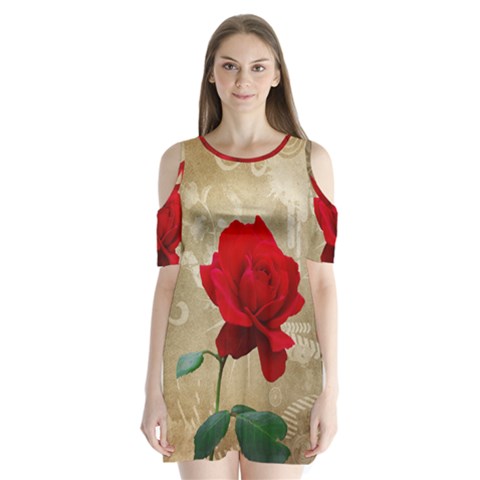 Red Rose Art Shoulder Cutout Velvet One Piece from ArtsNow.com