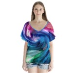 Water Paint V-Neck Flutter Sleeve Top