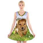 Puppy In Grass V-Neck Sleeveless Dress