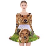 Puppy In Grass Long Sleeve Velvet Skater Dress