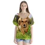 Puppy In Grass V-Neck Flutter Sleeve Top