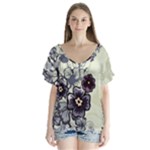 Purple Flower Art V-Neck Flutter Sleeve Top